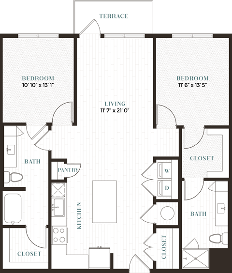 Floor plan for 2 beds, 2 baths, 1177 sqft